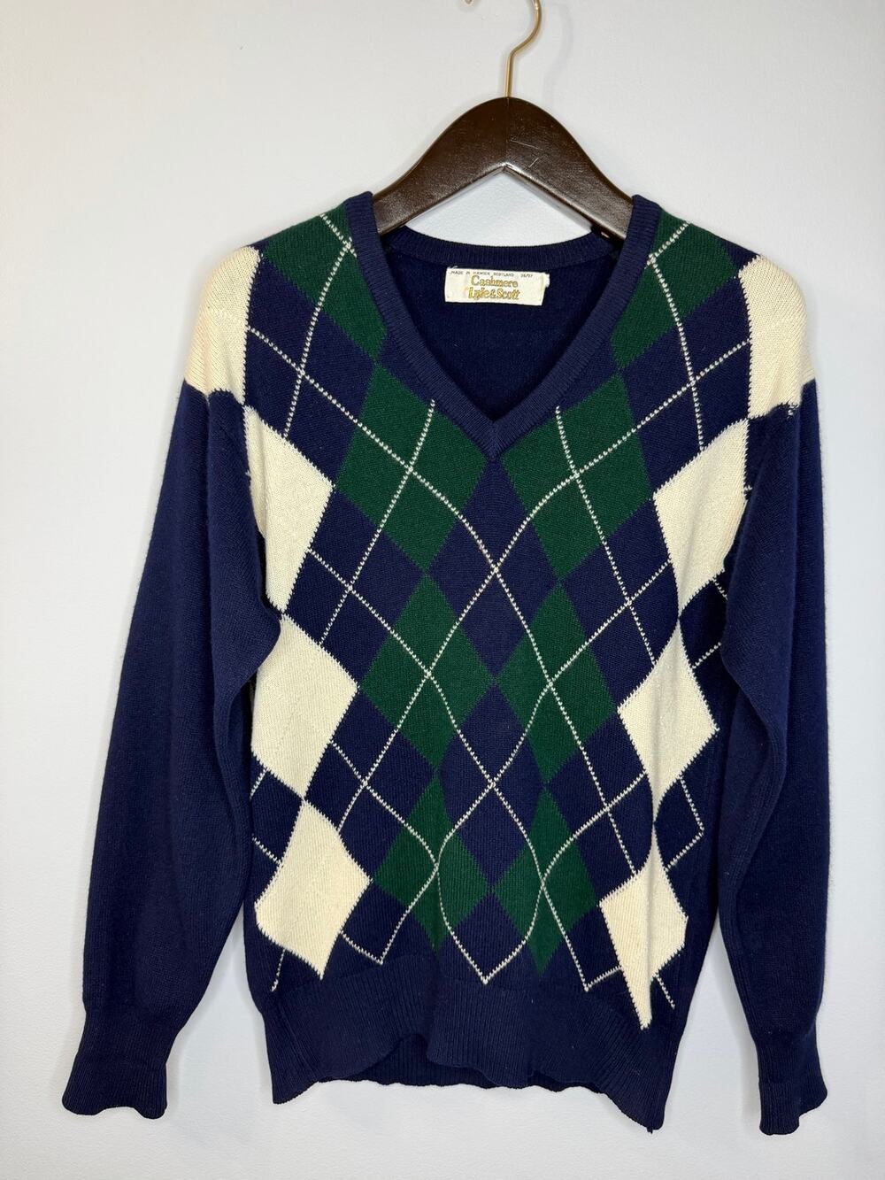 Vintage Lyle & Scott Cashmere Blue Wool Argyle Sweater Men's S Made in Scotland